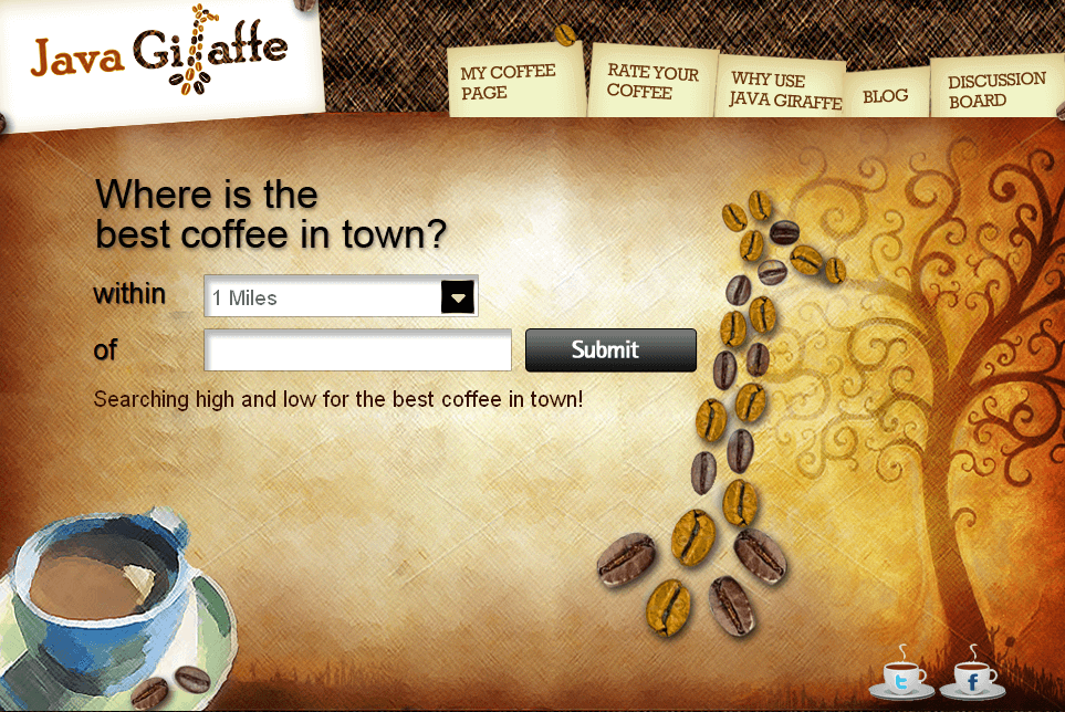 Travel Website in PHP for 'Java Giraffe' - Coffee Shop Directory Travel Website in PHP for 'Java Giraffe' - Coffee Shop Directory